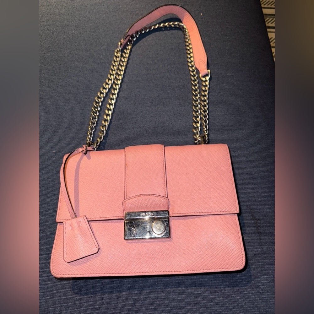PRADA LOGO SAFFIANO CROSSBODY SHOULDER BAG LEATHER Pink On Chain